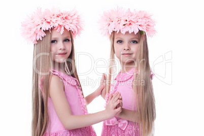 Two beautiful little girls in pink dresses