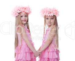 Two beautiful little girls in pink dresses
