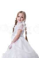 small blonde beauty kid portrait in white dress
