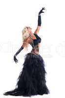 Athletic blond woman posing in black dance costume