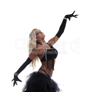 Beauty blond woman posing in black arabian costume