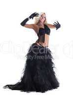 blond woman in black east oriental costume