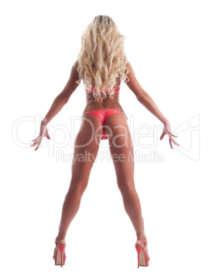 Blond woman with perfect body stand in bikini