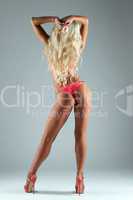 Pretty blond woman show athletic legs in bikini