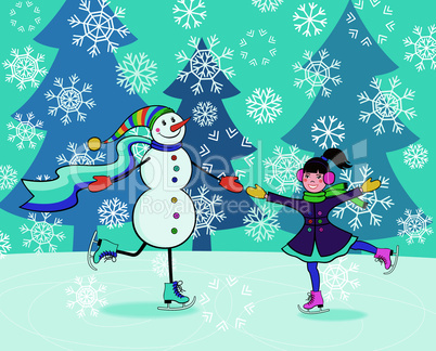 Girl with snowman skating