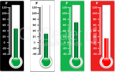 Red, black, white and green thermometers set isolated