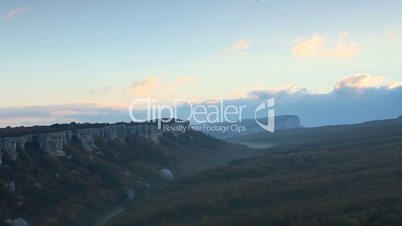 Timelapse sunrise in the mountains. Cave city Eski-Kermen, Crimea, Ukraine VI-XIV centuries