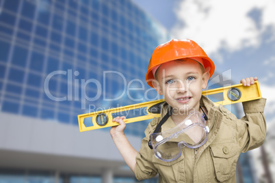 Child Boy Dressed Up as Handyman in Front of Building