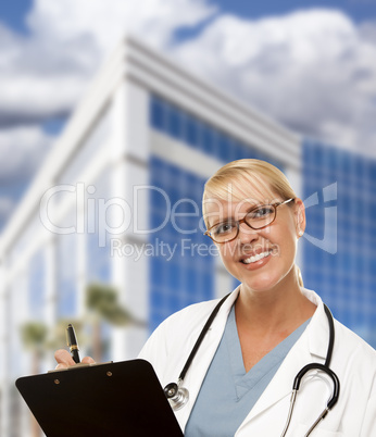 Friendly Female Blonde Doctor or Nurse in Front of Building