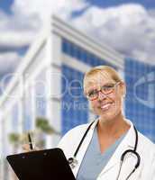 Friendly Female Blonde Doctor or Nurse in Front of Building