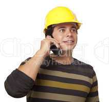 Hispanic Male Contractor in Hard Hat on Phone Isolated
