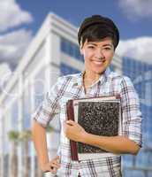 Mixed Race Female Student Holding Books in Front of Building
