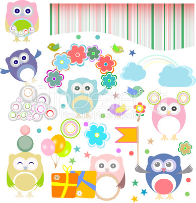 Set of birthday party elements with owls