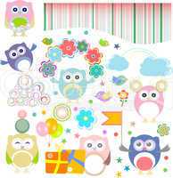 Set of birthday party elements with owls