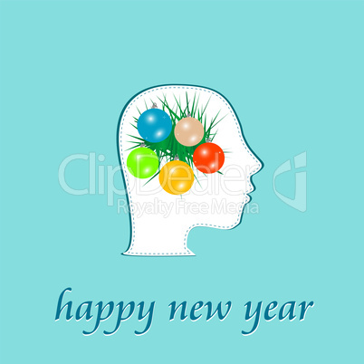 happy new year balls and fir on man head. holiday concept