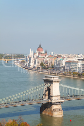 Szechenyi suspension bridge in Budapest, Hungary the Parliament