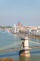 Szechenyi suspension bridge in Budapest, Hungary the Parliament