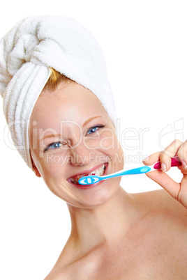 portrait of a beautiful blonde with white towel on her head