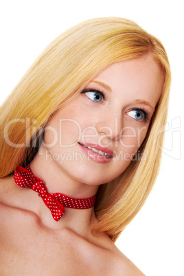 portrait of a young beautiful woman against glossy background