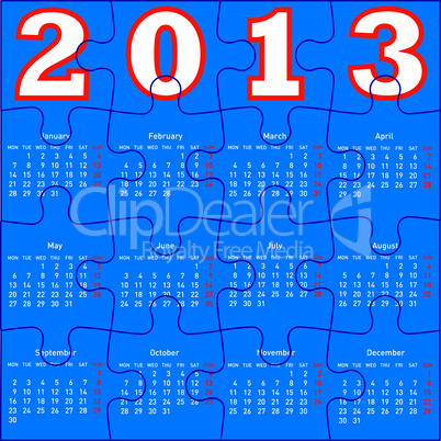 calendar for 2013,  jigsaw puzzle. Vector Illustration.