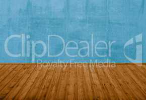 Leerer Raum mit blauer Steinwand und braunem Holzboden