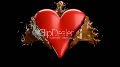 Red heart shape and hot chocolate splashes, slow motion. Alpha matte is included