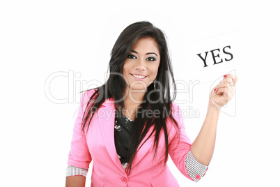 happy portrait young woman with board YES