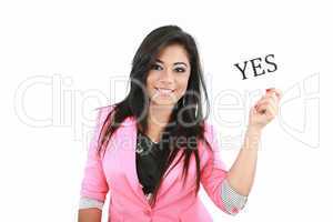 happy portrait young woman with board YES