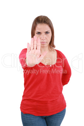 Isolated young woman stop sign, focus on hand