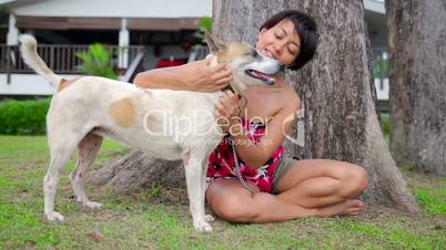 Asian woman exercise her dog