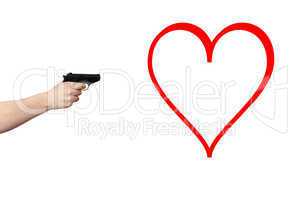 Hand holding gun in the direction of symbolic heart