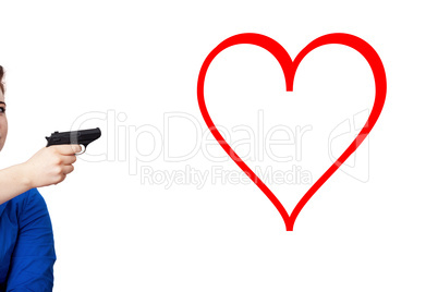 Woman holding gun in the direction of symbolic heart