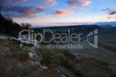 sunrise in the mountains. Cave city Eski-Kermen, Crimea, Ukraine