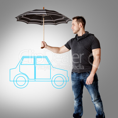 Man holding umbrella over symbolic car