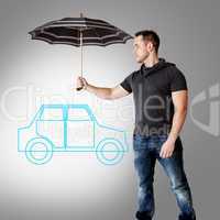 Man holding umbrella over symbolic car