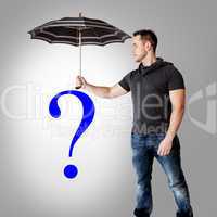 Man holding umbrella over symbolic question mark