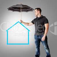 Man holding umbrella over symbolic home