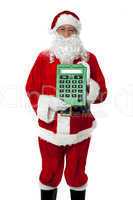 Old man dressed as Santa showing a large green calculator
