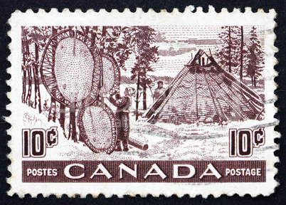 Postage stamp Canada 1950 Indians Drying Skins on Stretchers