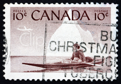 Postage stamp Canada 1955 Eskimo and Kayak