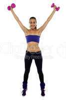 Strong woman lifting the dumbbells high in the air