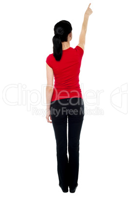 Back pose of woman in casuals pointing away