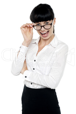 Cheerful business lady checking you out