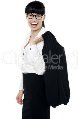 Excited corporate lady having great time
