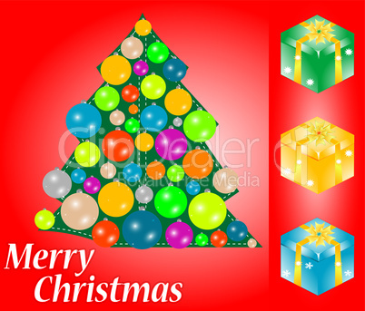 red christmas card with gift, tree and bauble
