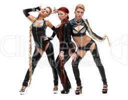 bdsm dancers in latex costumes with plaits