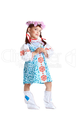 Little girl in slavic costume stand isolated