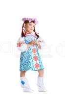 Little girl in slavic costume stand isolated