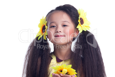 pretty girl with beautiful hair and sunflowers