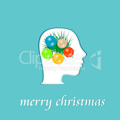 merry christmas blue background with balls and fir on woman head